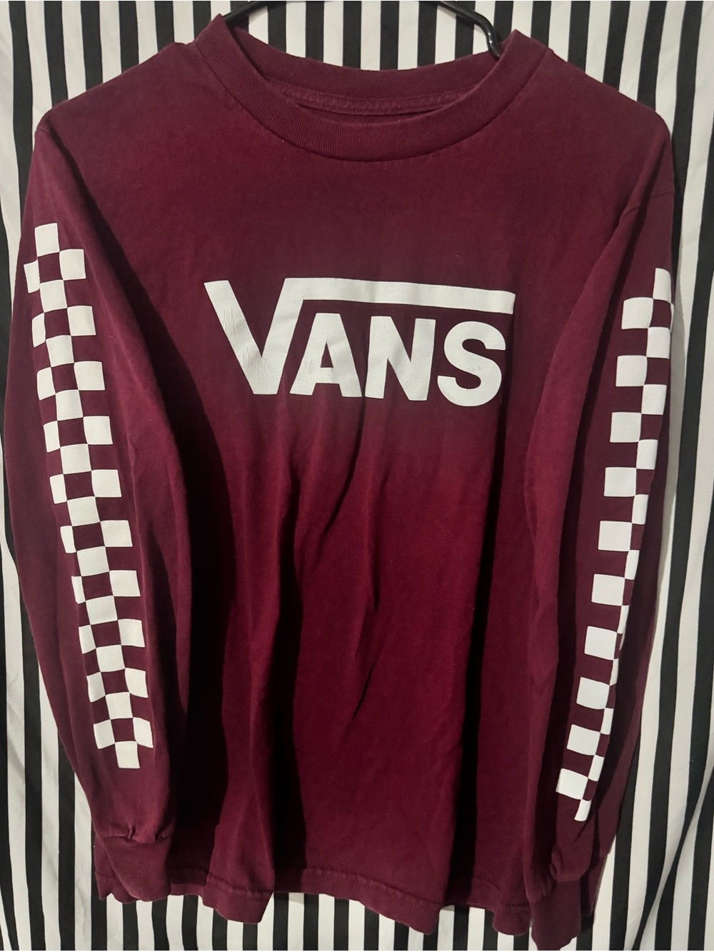 Vans Maroon Long Sleeve Tee with White Logo and Checkerboard Sleeves